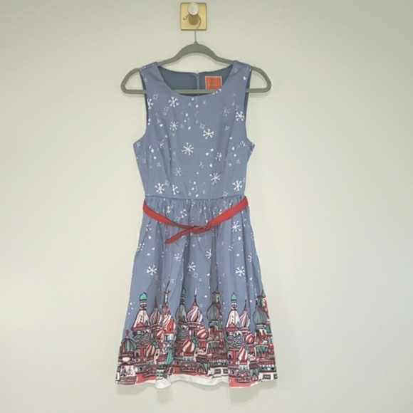 Modcloth Holiday Dress Medium Blue Red White Sleeveless Belt Snowflakes Winter - Picture 1 of 16